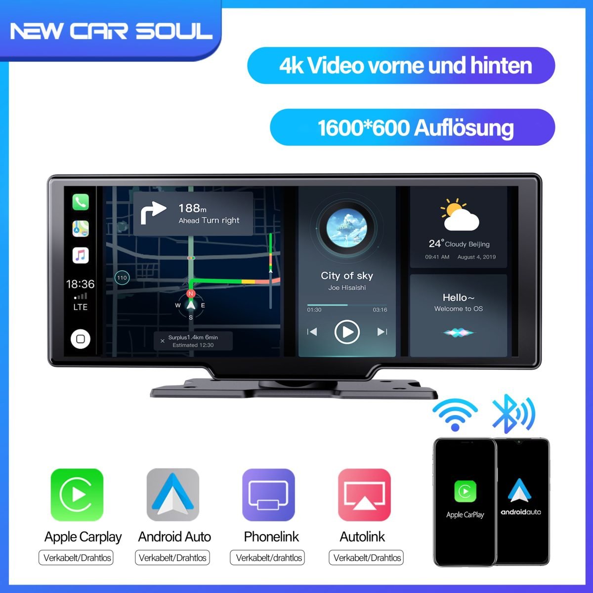 10" Portable CarPlay & Android Auto Touchscreen Einheit mit 4K Dashcam + Backup Cam für jedes Auto – Bild 4