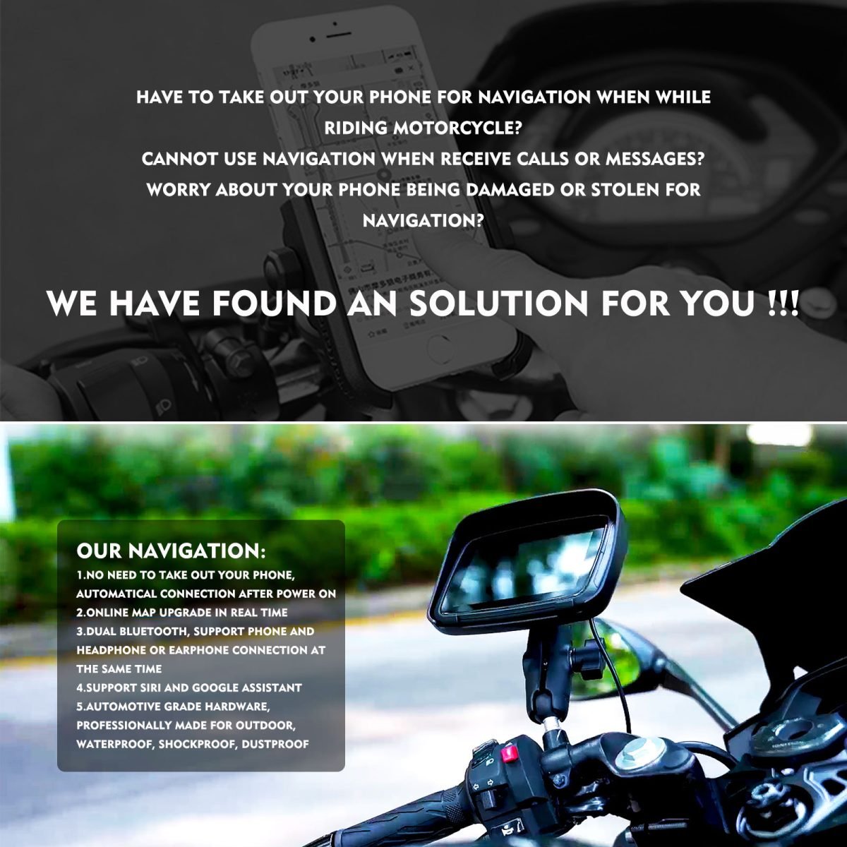 Tragbarer Apple Carplay Bildschirm für Motorrad, kabelloses Apple Car Play & Android Auto GPS für Motorrad, 5" IPS Touchscreen, IPX7 Wasserdicht, Dual Bluetooth, Unterstützung von Siri und Google Assistant – Bild 3