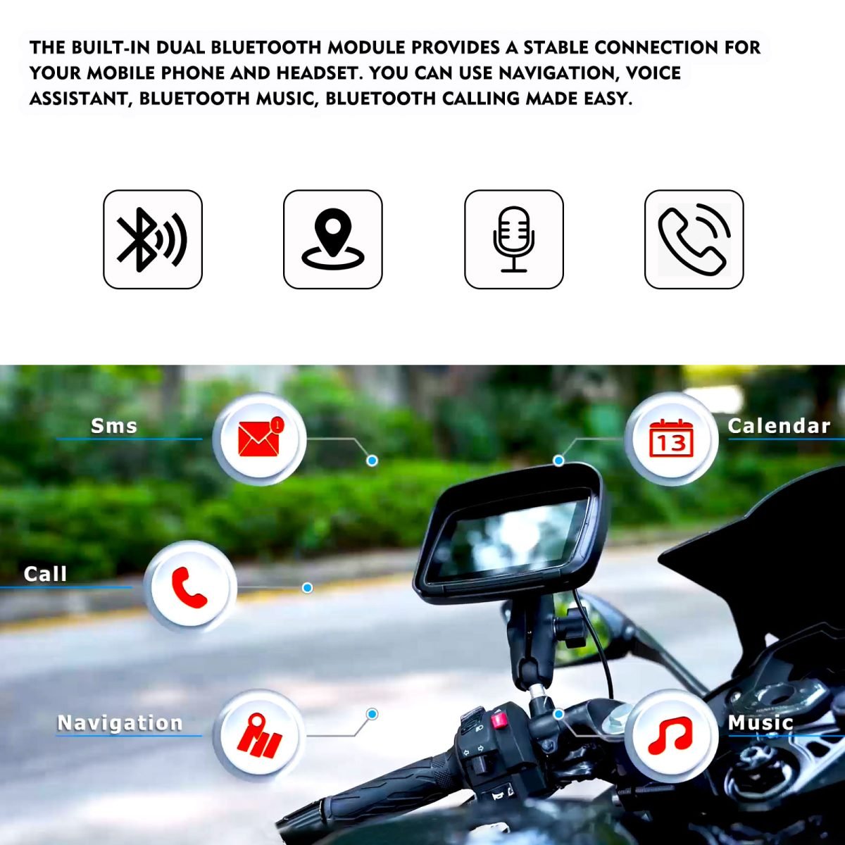 Tragbarer Apple Carplay Bildschirm für Motorrad, kabelloses Apple Car Play & Android Auto GPS für Motorrad, 5" IPS Touchscreen, IPX7 Wasserdicht, Dual Bluetooth, Unterstützung von Siri und Google Assistant – Bild 5